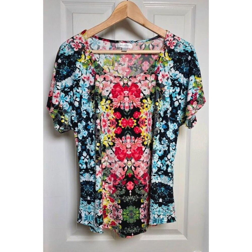 Vintage Dressbarn Red Blue Floral Kaleidoscope Scoop Neck Top Size M Made in USA